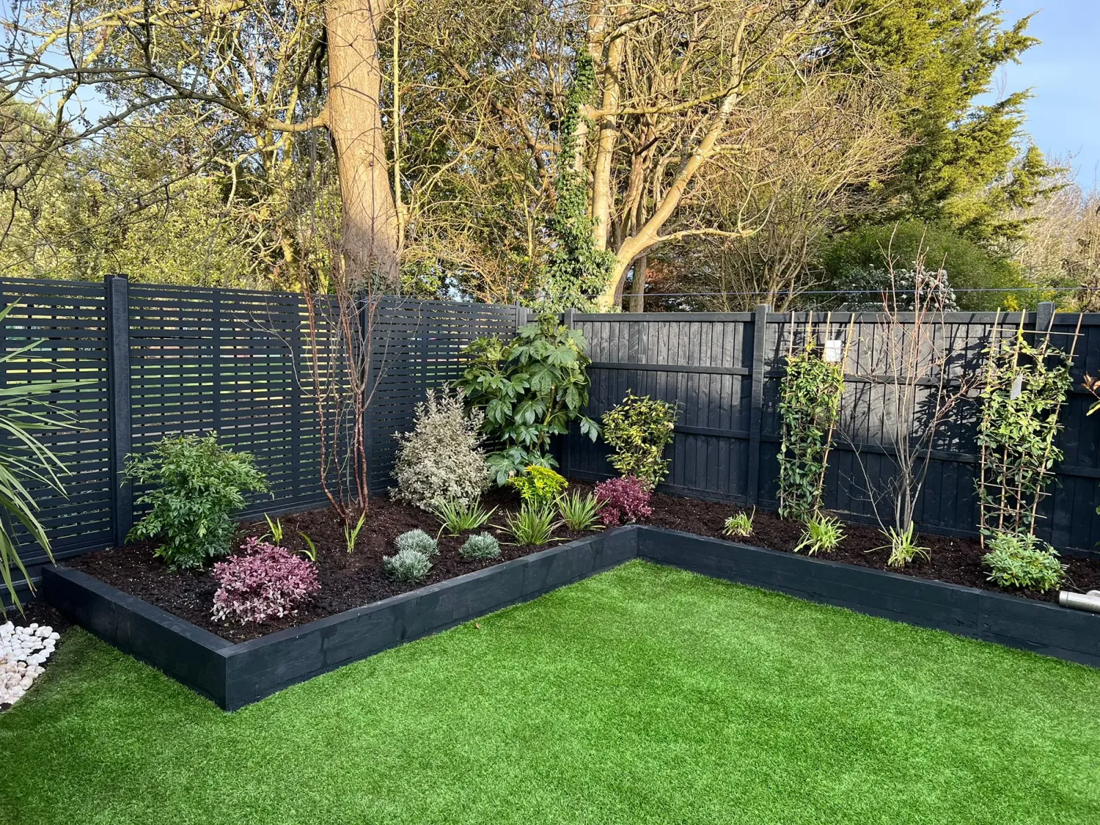 After: mature seasonal planting filling the full length of the raised bed
